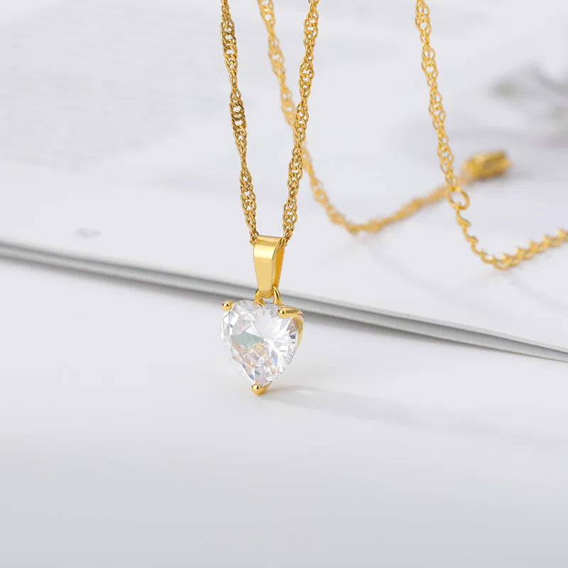 Heart Necklaces For Women Stainless Steel Gold Plated Chain Zircon Heart Pendant Choker Necklace Wedding Boho Jewelry Gift Femme