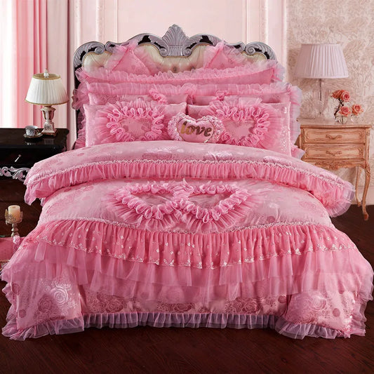 Luxury Wedding Bedding Sets Queen King Size Pink Princess Lace Bedcover Set Jacquard Duvet Cover Bed Sheet Pillowcases