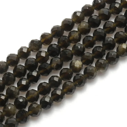 Natural Black Obsidian Stone 2/3/4mm Faceted Loose Round Mineral Beads for Jewelry Making DIY Christmas Gift Bracelets 15inch