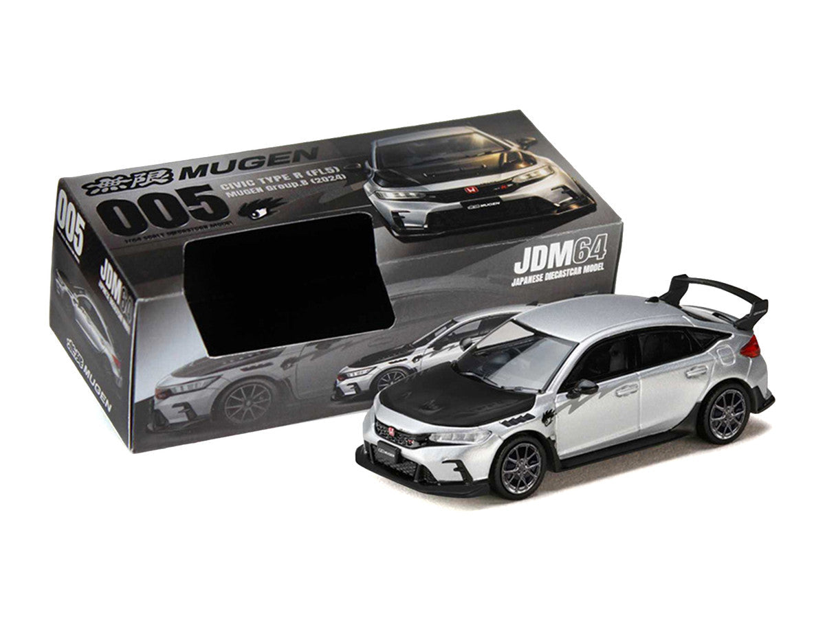 Honda Civic Type R (FL5) RHD (Right Hand Drive) Matt Silver Metallic with Carbon Hood "MUGEN Group B" (2025) "JDM64" Series 1/64 Diecast Model Car by Hobby Japan
