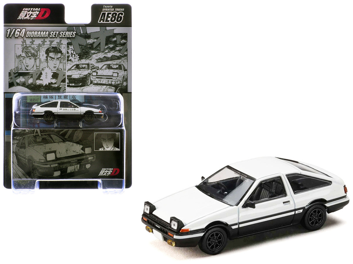 Toyota Sprinter Trueno (AE86) RHD (Right Hand Drive) White with Black Stripes "Takumi Fujiwara VS Takeshi Nakazato - Initial D" (1995-2013) Manga with Collectible Cards "Diorama Set Series" 1/64 Diecast Model Car by Hobby Japan