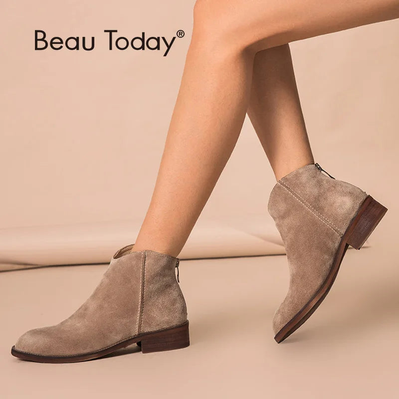 BEAUTODAY Suede Ankle Boots Women Soft Cow Leather Back Zip V-shape Ladies Autumn Winter Boots Handmade 03274