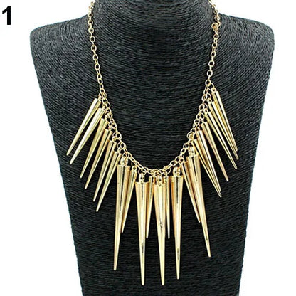 Women's Multilayer Spike Rivet Tassels Chain Bib Statement Necklace Punk