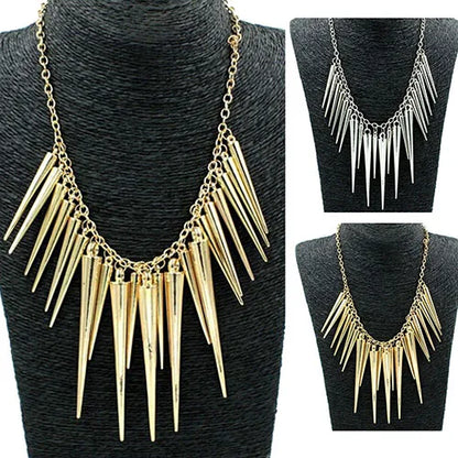 Women's Multilayer Spike Rivet Tassels Chain Bib Statement Necklace Punk