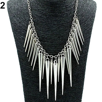 Women's Multilayer Spike Rivet Tassels Chain Bib Statement Necklace Punk