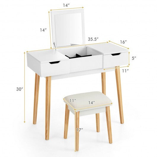 Makeup Vanity Table Set with Flip Top Mirror and 2 Drawers-Pink