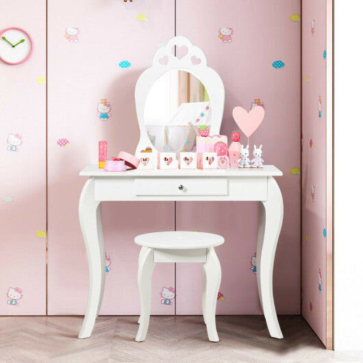 Kids Princess Makeup Dressing Play Table Set with Mirror -Pink