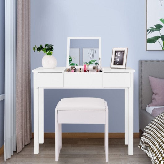 Vanity Makeup Dressing Table Set with Flip Top Mirror and Cushioned Stool-White