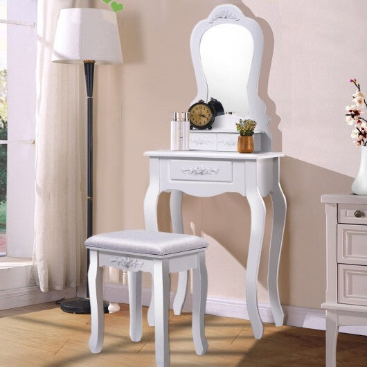 Makeup Dressing Table and Bench 3 Drawers and Cushioned Stool for Girls-White