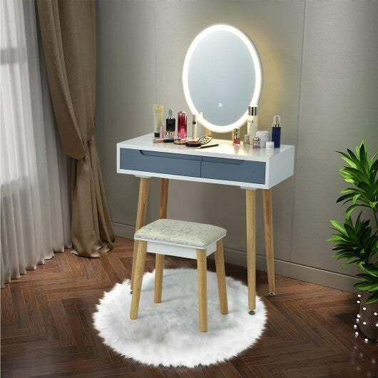 Touch Screen Vanity Makeup Table Stool Set with Lighted Mirror-White