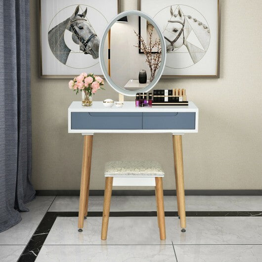 Touch Screen Vanity Makeup Table Stool Set with Lighted Mirror-White