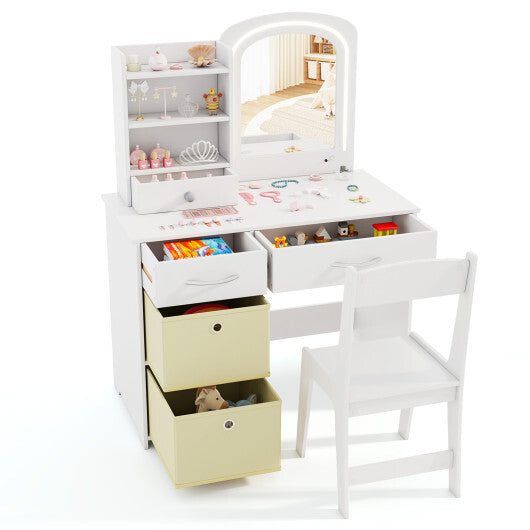 Kids Vanity Set with Lighted Mirror Makeup Desk and Chair Set with Drawers-White
