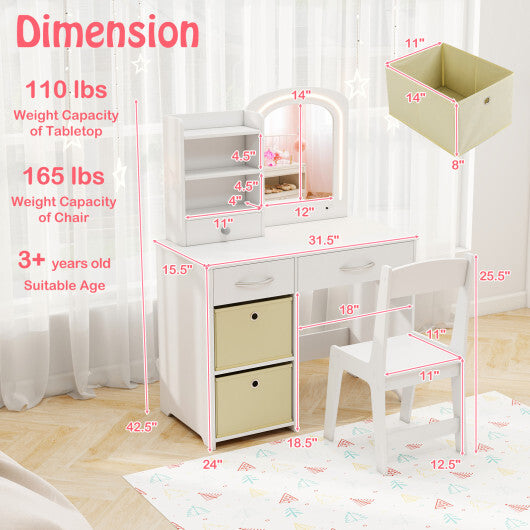 Kids Vanity Set with Lighted Mirror Makeup Desk and Chair Set with Drawers-White