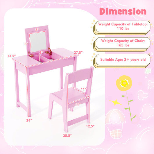 2-in-1 Kids Vanity Makeup Table and Chair Set with Flip Top Mirror-Pink