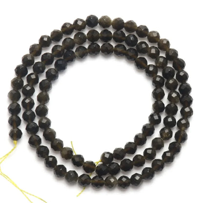 Natural Black Obsidian Stone 2/3/4mm Faceted Loose Round Mineral Beads for Jewelry Making DIY Christmas Gift Bracelets 15inch
