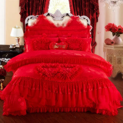 Luxury Wedding Bedding Sets Queen King Size Pink Princess Lace Bedcover Set Jacquard Duvet Cover Bed Sheet Pillowcases