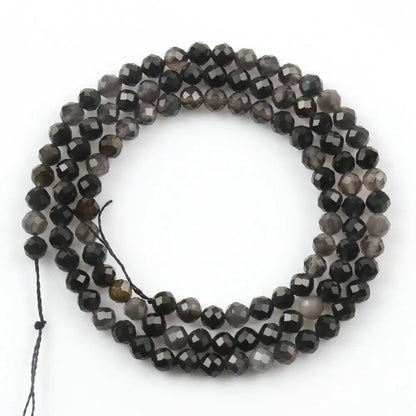 Natural Black Obsidian Stone 2/3/4mm Faceted Loose Round Mineral Beads for Jewelry Making DIY Christmas Gift Bracelets 15inch