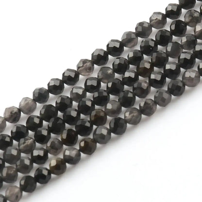 Natural Black Obsidian Stone 2/3/4mm Faceted Loose Round Mineral Beads for Jewelry Making DIY Christmas Gift Bracelets 15inch