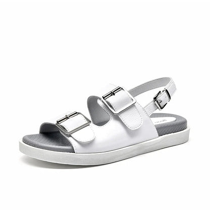 BeauToday Casual Sandals Women Genuine Leather Metal Ankle Buckle Strap Summer Beach Ladies Low Heel Sport Shoes Handmade 38128