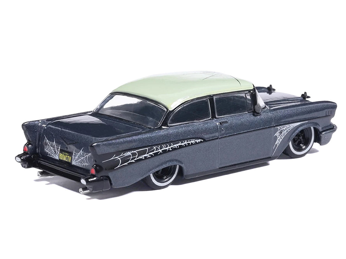1957 Chevrolet Bel Air Lowrider Gray Metallic with Light Green Top and Halloween Graphics 1/64 Diecast Model Car by IXO Models