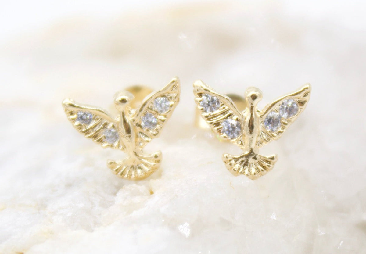 18K Gold Filled Bird Dove Stud Earrings With CZ Cubic Zirconia Stone (L118)