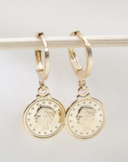 18K Gold Filled Coin Charm Dainty Dangle Hoop Dangle Earring (L336)