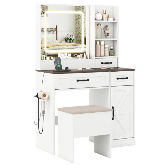 Vanity Desk with Mirror and Lights Farmhouse Makeup Dressing Table-White