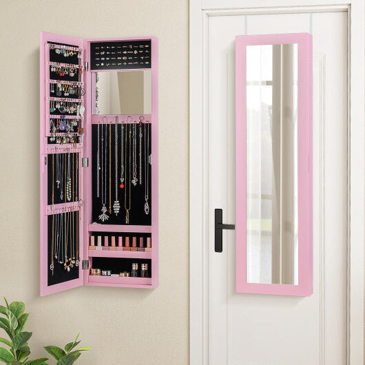 Full Length Mirror Jewelry Cabinet with Ring Slots and Necklace Hooks-Rustic Brown