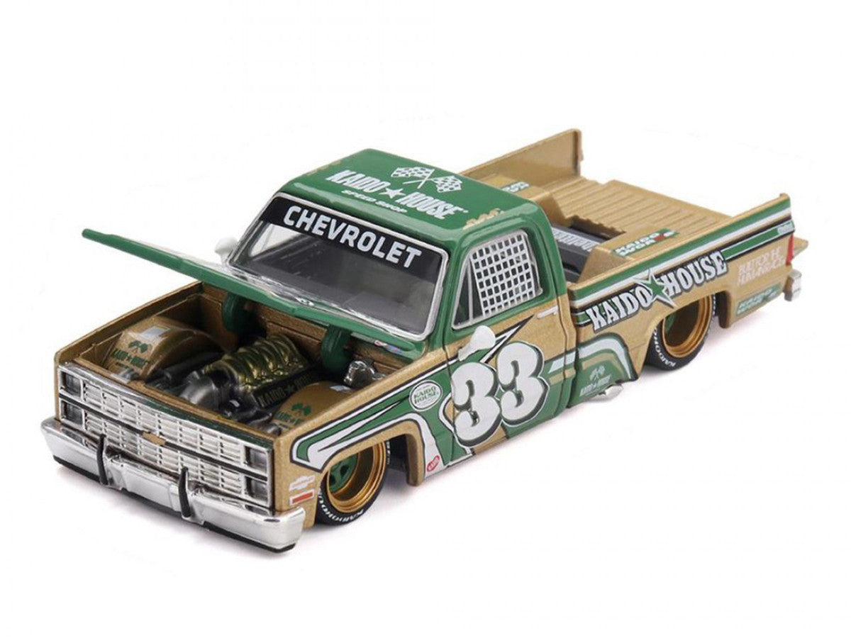Chevrolet Silverado Pickup Truck #33 "Kaido Intimidator V2" Green and Gold with Graphics (Designed by Jun Imai) "Kaido House" Special 1/64 Diecast Model Car by Mini GT