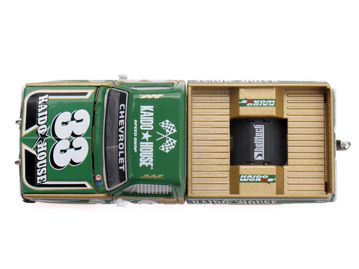 Chevrolet Silverado Pickup Truck #33 "Kaido Intimidator V2" Green and Gold with Graphics (Designed by Jun Imai) "Kaido House" Special 1/64 Diecast Model Car by Mini GT