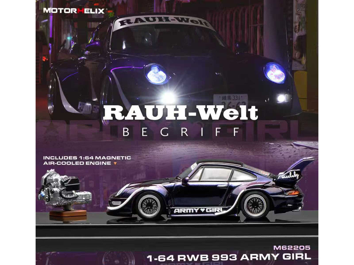 RWB 993 "Army Girl" Blue Metallic with White Accents and Display Engin 1/64 Diecast Model Car by MotorHelix
