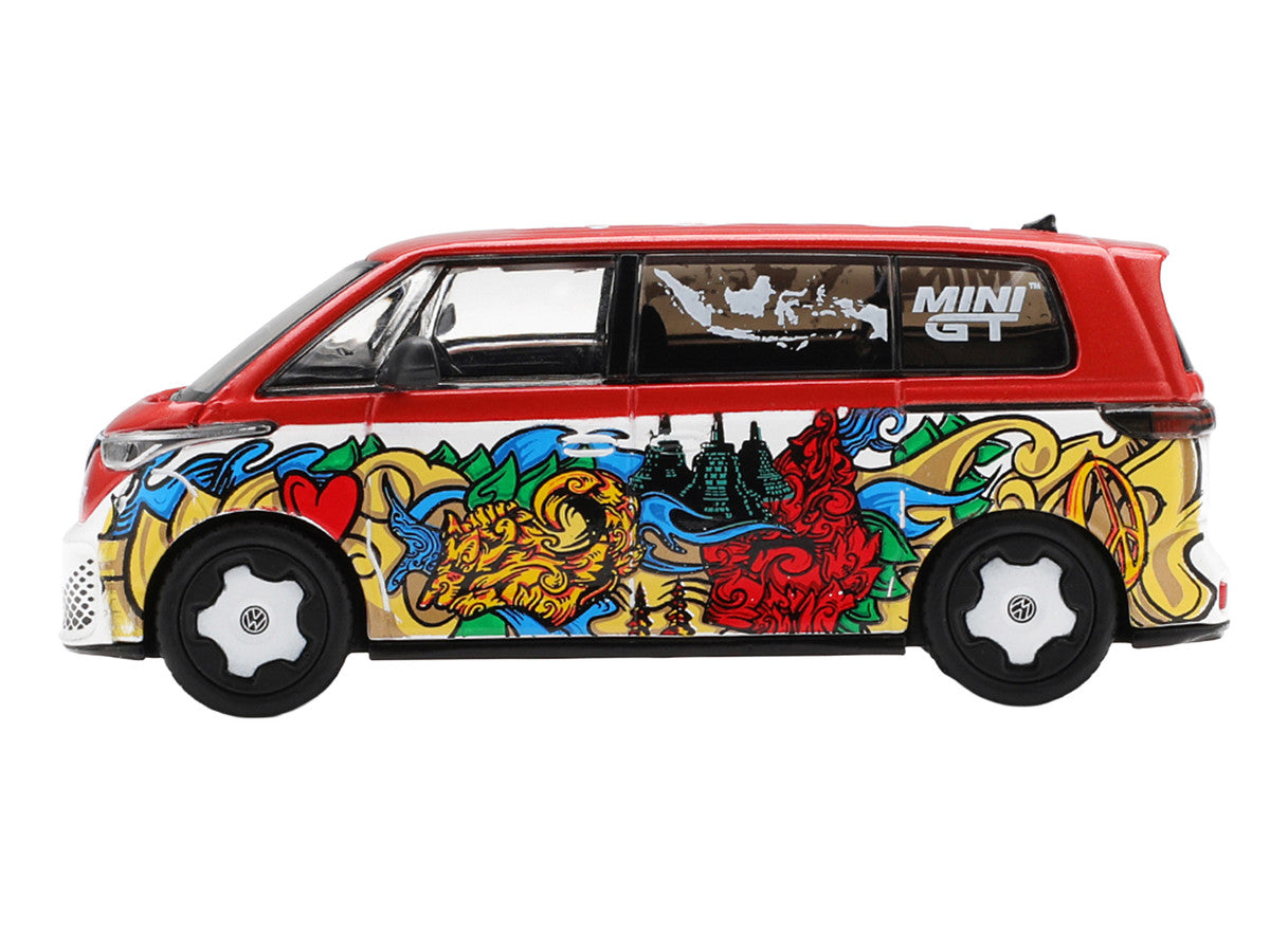 Volkswagen ID. Buzz Van "Mizu Design" Red and White with Graphics Limited Edition 1/64 Diecast Model Car by Mini GT