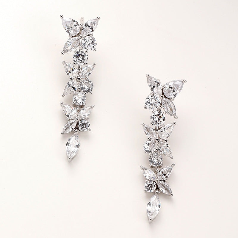 S925 Silver Sweet Temperament Women's Long Zircon Earrings