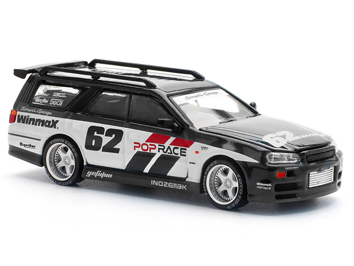 GT-R Stagea RHD (Right Hand Drive) #62 "Simon's Garage" Black with White Sides 1/64 Diecast Model Car by Pop Race