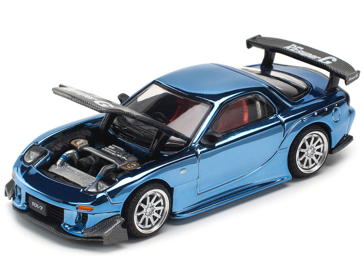 Mazda RX-7 RE-Amemiya Widebody RHD (Right Hand Drive) Blue Chrome with Carbon Hood 1/64 Diecast Model Car by Pop Race