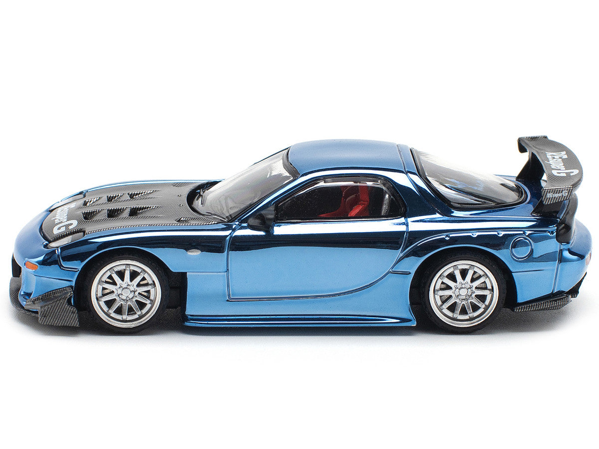 Mazda RX-7 RE-Amemiya Widebody RHD (Right Hand Drive) Blue Chrome with Carbon Hood 1/64 Diecast Model Car by Pop Race