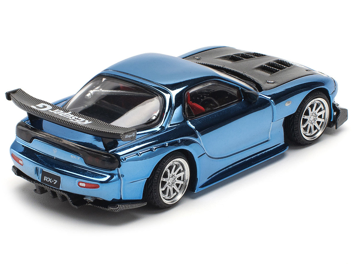 Mazda RX-7 RE-Amemiya Widebody RHD (Right Hand Drive) Blue Chrome with Carbon Hood 1/64 Diecast Model Car by Pop Race