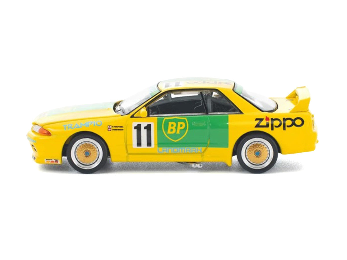 Skyline GT-R R32 RHD (Right Hand Drive) #11 Yellow with Green Graphics "Group A" (1993) 1/64 Diecast Model Car by Pop Race