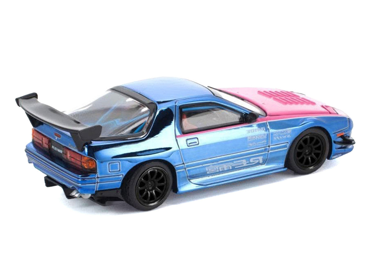 Mazda RX7 (FC3S) RE Amemiya RHD (Right Hand Drive) Blue Chrome with Pink Hood "Street 7 Chrome" 1/64 Diecast Model Car by Pop Race
