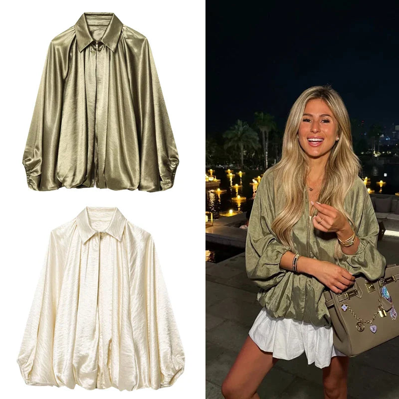 Women's Bomber Jacket Long Sleeve Pleats Street Wear With Zipper Green Beige Vintage Oversize Zip Up Casual Summer Jacket female