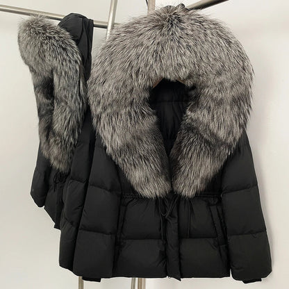 Reality Fur Jacket Real Fur Collar Duck Down Coat Female Winter Hooded Warm Fox Fur Coat Women Natural Raccoon Fur Puffer Jacket