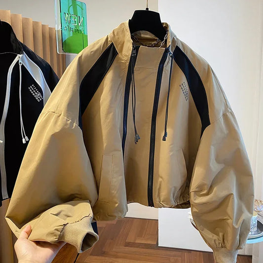 Design  niche loose casual stand up collar trench coat, women's spring and autumn short jacket double zipper