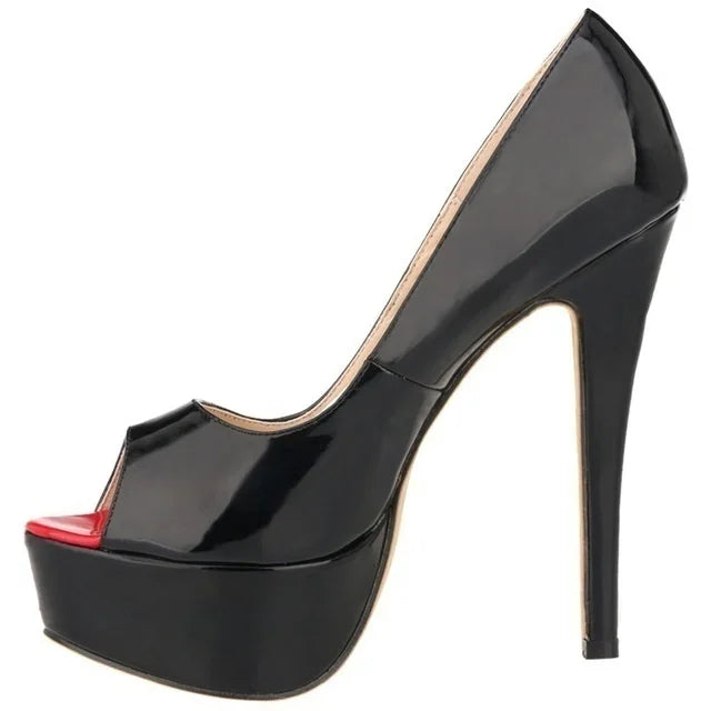Women Pumps Sexy Platform Peep Toe 14cm Extremely Thin High Heels Stiletto Patent Leather Fashion Party Nighclub Wedding Shoes