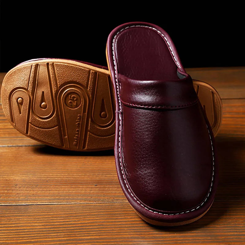 Luxury Men Leather Handmade Women Home Slippers Autumn Winter Plush Slip on Soft Black Brown Bedroom Indoor Flat Men Shoes
