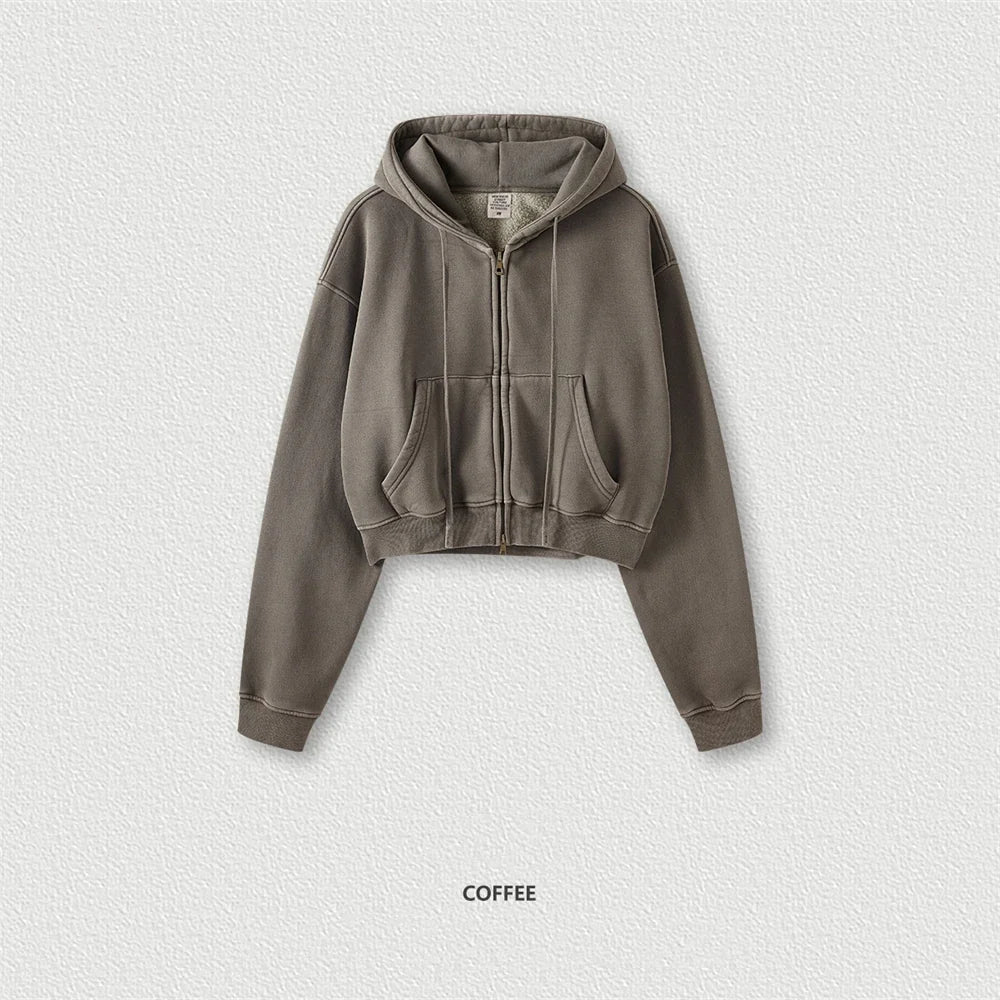 ZODF Retro 2025 Winter Women Short Zipper Hoodies Female Girls Loose 355gsm Thick Fleece Hooded Zip-up Coat Streetwears HY0448