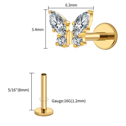 Right Grand ASTM F136 Titanium 16G Mini Butterfly CZ Labret Tragus Cartilage Conch Forward Helix Stud Nose Piercing Body Jewelry