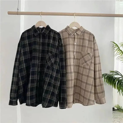 Plaid shirt women long sleeve retro port taste loose size women Korean version of the spring wear student jacket