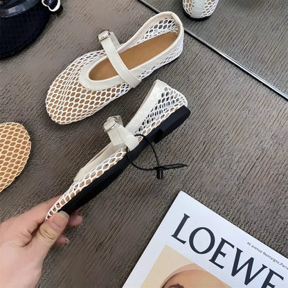 Women's Mary Jane Flats 2026 New Hollow Out Mesh Breathable Fishnet Ankle Strap Casual Summer Sandals