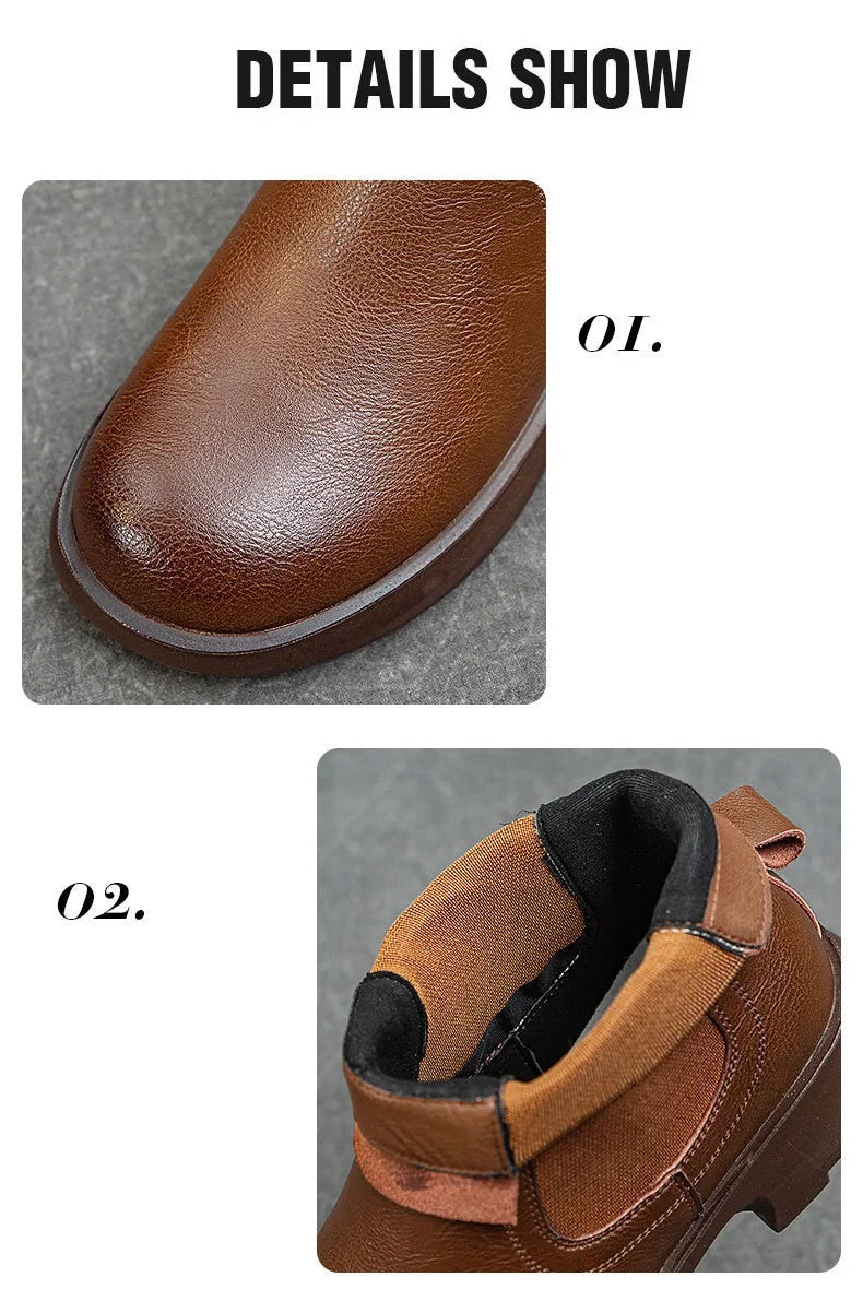 DRKANOL Fashion Women Thick Heel Ankle Boots Autumn Winter Warm Shoes Round Toe Real Cowhide British Style Slip On Chimney Boots