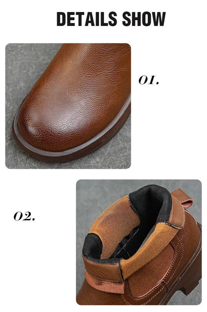 DRKANOL Fashion Women Thick Heel Ankle Boots Autumn Winter Warm Shoes Round Toe Real Cowhide British Style Slip On Chimney Boots